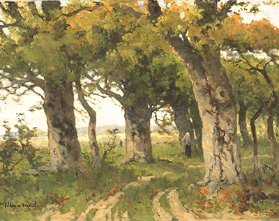 A water color painting showing an ambiguous figure walking a path among tall trees