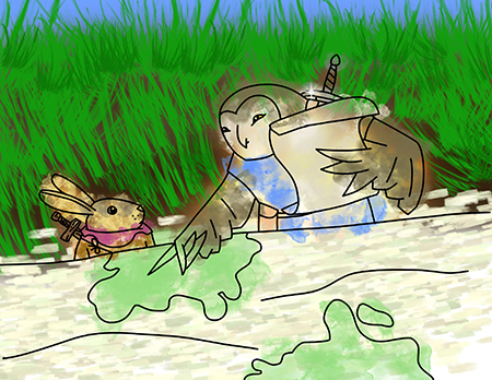 An owl shows a map to a rabbit with a sword